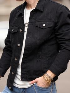 Men's Regular Fit Plain Ripped Button Front Denim Jacket Without Hoodie & Necklace, Casual Pocket Collar Outerwear For Daily Wear, Men's Clothes For All Seasons, National Day Clothing