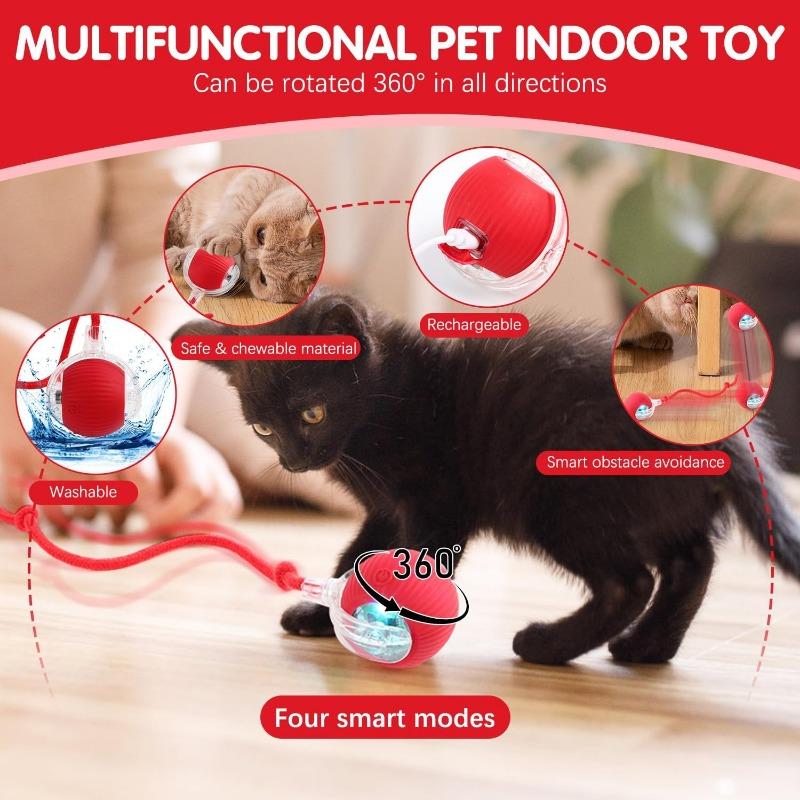 Newly Designed 360° Interactive Electric Rolling Mobile Rechargeable Self-play Stimulating Toy, Pet Chase Ball with Fast Tail Rope, Suitable for Indoor Cat, Small Dog Toy 6