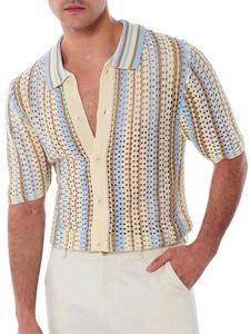 Men's Colorblock Collared Cardigan, Regular Fit Casual Short Sleeve Button Front Knitwear for Summer, Fashion Men's Breathable Knit Clothing for Daily Wear