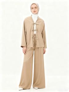 Women's Solid Color Tie Neck Top & Wide Leg Pants Two-piece Set, Casual Drop Shoulder Top & Elastic Waist Trousers 2 Piece Set for Daily Wear, Ladies Two-piece Outfits for All Seasons