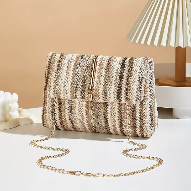 Chic and Elegant Rainbow Stripe Straw Crossbody Bag for Women - Adjustable Shoulder Strap, Magnetic Closure, Tassel Accent, Fashionable Square Purse 3