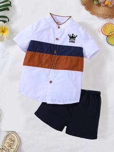 Two-piece Set Toddler Boy's Colorblock Short Sleeve Shirt & Shorts, Casual Summer Clothes for Kids, Kids Clothing for Daily Wear