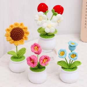 Crochet Flower Pot, 4 Counts/set Handmade Knitted Sunflower Potted Plant, Desktop Decoration Ornament for Home Living Room Bedroom Dining Room, Artificial Fake Plants