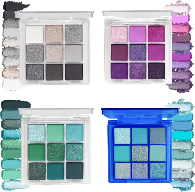 4 Pack Portable 9-Color Eyeshadow Palette Set - with Shades of Black, Blue, Green & Purple - Ideal for Travel, Convenience in Applying Eye Makeup 0