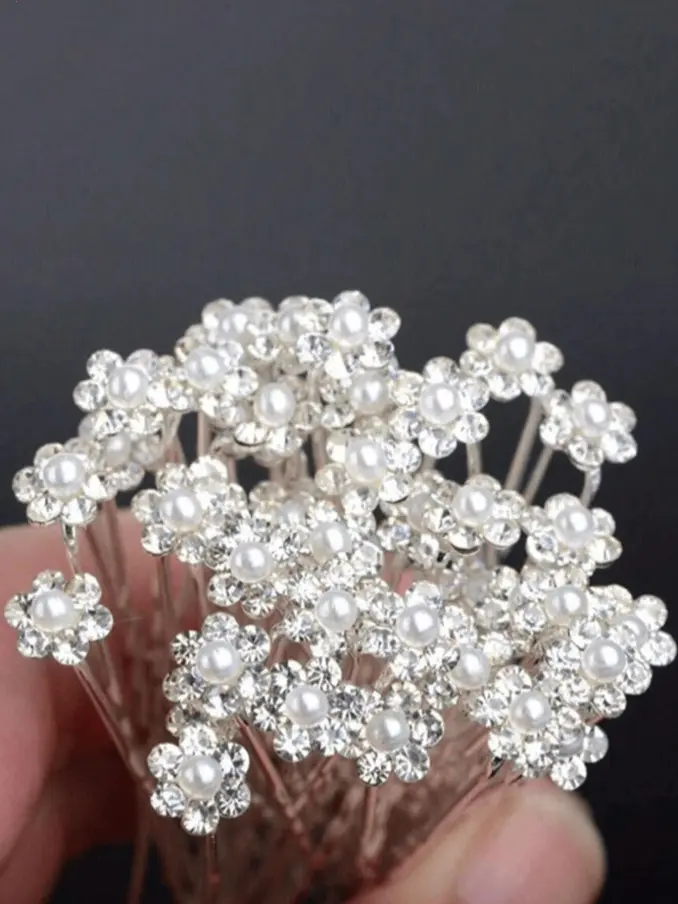 20Pcs Fashion Wedding Bridal Faux Pearl Flower Clear Crystal Rhinestone Hair Pins Clips Bridesmaid Hair Wear Jewelry Hair Accessories Elegant