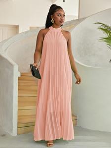 【Plus Size】 Solid Color Halter Neck Dress, Plus Casual Fashion Sleeveless Long Dress for Daily Outdoor Wear, Women Clothing for Summer