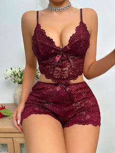 super sexy lingerie and penty set  Lace & Bow Decorated Camisole And Shorts Pajama Set srilankan  nightie uk  lingerie Womenswear Elegance Elegant Matching Piece Solid Straps Style Thin Top Violet Red