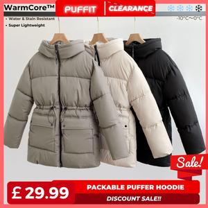 [Clearance] PUFFIT WarmCore Premium Warmer Mid Length Waist Drawcord Premium Puffer Jacket Women Hood Winter, Ladies Outwear Coat Big Pocket with Waist Drawcord Winter Coat
