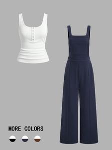 Women's Solid Button Front Tank Top & Pocket Overall Jumpsuit Set, Casual Ruched Sleeveless Top & Adjustable Strap Overall Jumpsuit, Ladies Clothes for All Seasons