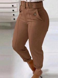 Women's Solid Grommet Eyelet Slim Belted Pants, Casual Street Trousers, Casual Fashion High Waist Trousers for Spring & Fall, Women's Bottoms for Daily Wear