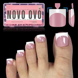 NOVO OVO French Tip Toe Nail Tips Press on, Sharp Square Pre-Designed Soft Gel False Toenail Extension, BERRY PINK Pre-applied Tip Primer & Base Coat, Full Cover Acrylic for DIY x 15 Sizes 240 pcs【NO GLUE & TOP COAT INCLUDED】