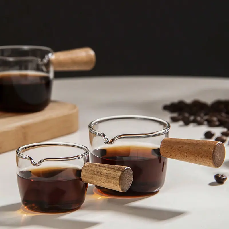 High Borosilicate Glass Mini Wooden Handle Milk Frothing Pitcher, Espresso Coffee Cup, Small Sauce Dish, Restaurant Milk Creamer 4