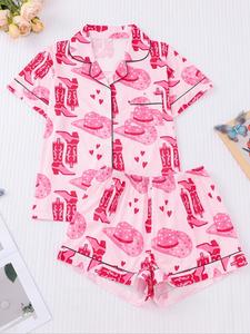 Women's All Over Print Short Sleeve Pajama Two-Piece Set, Casual Comfy Button Front Chest Pocket Design Lapel Neck Shirt & Elastic Waist Shorts PJ Set, Women's Sleepwear for All Seasons