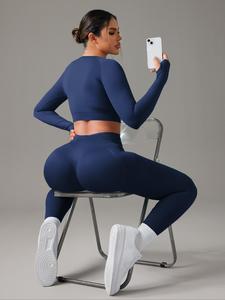 Women's Solid Raglan Sleeve Tracksuit Set, Sporty Long Sleeve Top & High Stretch Leggings for Yoga Gym Workout Running, Ladies Sportswear for All Seasons, Activewear, Gym Yoga Outfit