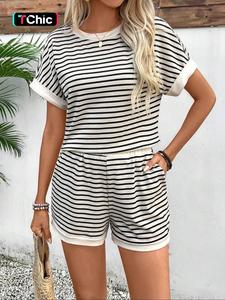 Two-piece Set Women's Striped Print Tee & Shorts Set, Casual Short Sleeve Top & Shorts, Ladies Summer Clothes, Casual Matching Set, Womenswear