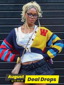 Women's Patchwork Striped Print Longsleeves Button Front Crop Cardigan, Casual Fitted Chic Drop Shoulder V Neck Fashion Women's Knit Clothing for Daily Wear, Cardigans for Women, Trending Clothing Women, Going Out Tops, Vneck Vintage Tops, Knitwear