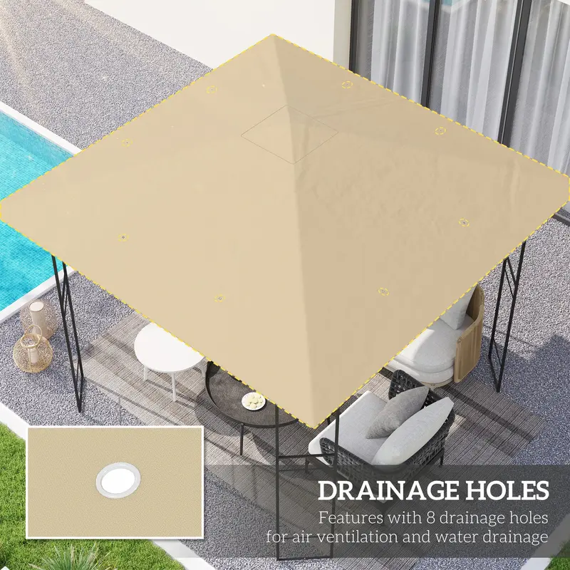 Outsunny 3 x 3(m) Gazebo Canopy Replacement Cover, Garden Gazebo Roof Replacement with Drain Holes, Water Resistant PVC Coating, 370g/㎡, UPF30+, TOP COVER ONLY, Beige 3