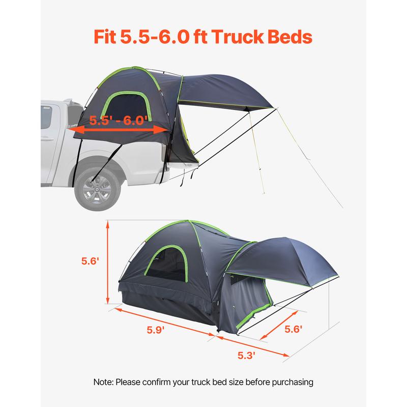 VEVOR Pickup Truck Tent, Fits 5.5-6.0 ft Truck Tents for Camping, Waterproof PU2000 mm 2-3 Person Sleeping Truck Bed Tent, Sturdy Truck Bed Camper Shell with Expandable Awning, Rainfly, Storage Bag 2