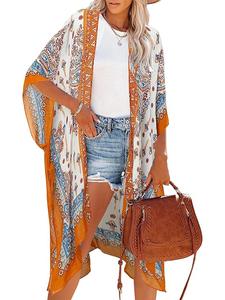 Women's Ethnic Pattern Kimono, Boho Casual Open Front Cover Up for Beach Vacation, Ladies Spring & Fall Clothes