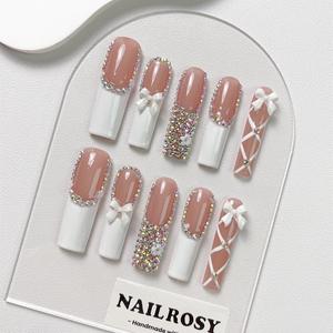 Long Square Bow & Rhinestone Decor Fake Nail & Nail File & Tape, 10pcs Glossy Finish Press on Nails for Women & Girls DIY Nail Art, Elegant Stick on Nails Kit