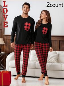 Couple Long Sleeve Sleep Tee & Jogger Pants Pajama Two-piece Set, Casual Comfy Round Neck Top & Elastic Waist Trousers Pj Set, Valentine's Day Gift for Men, Pyjamas for Women, Couple's Sleepwear & Loungewear, Womenswear