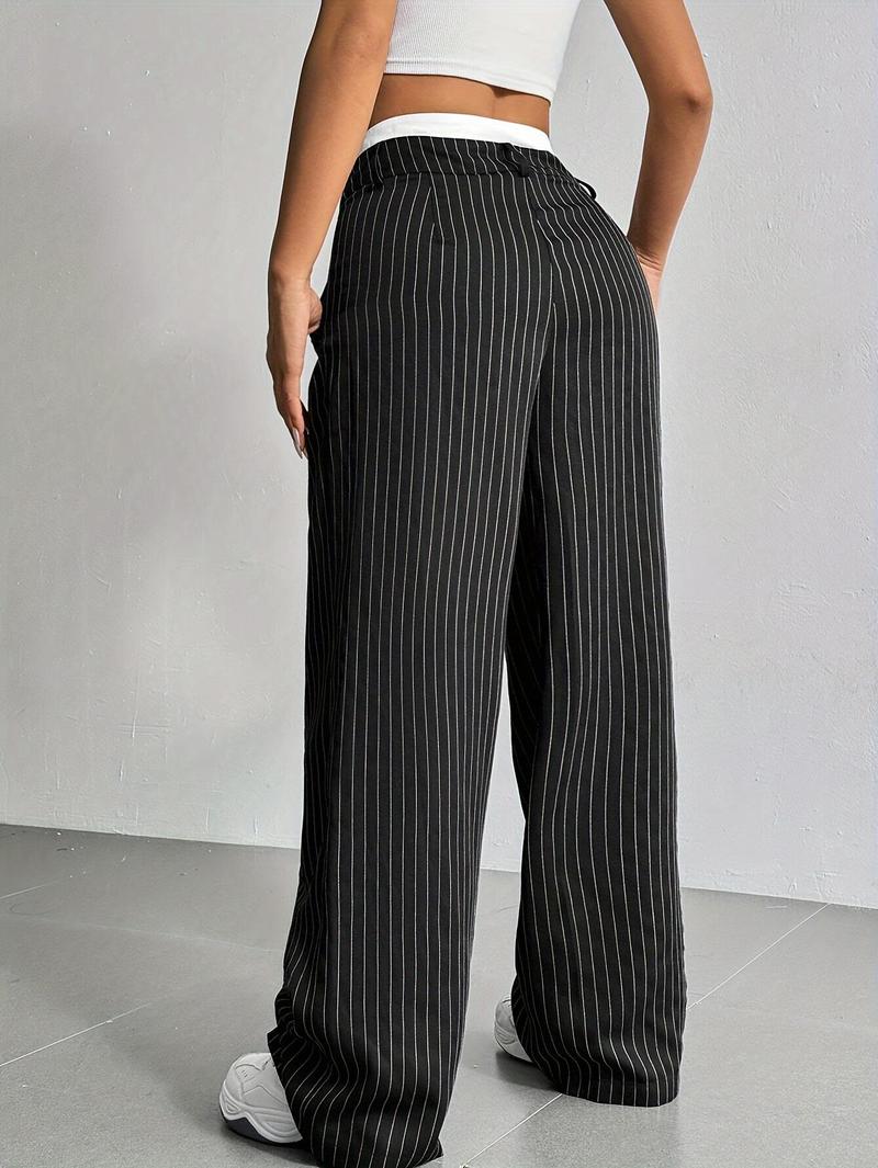 Product Introduction of Women's High-Waist Striped Wide-Leg Blazer Pants - Navy Blue & White Vertical Stripes, Polyester, Casual Style, Machine Washable, Spring/Summer/Fall Wear, Versatile Legwear | Wideleg Design | Glossy Texture, Wide Leg Pants 6