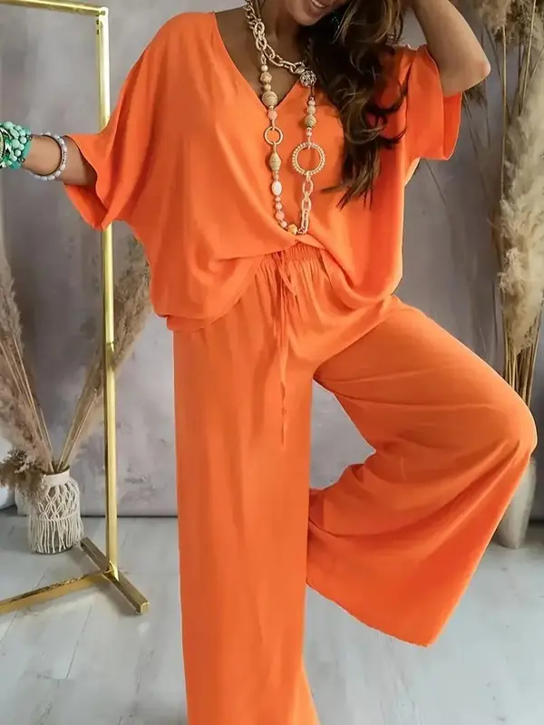 Elegant Two-Piece Lounge Set-Women's Solid Color V-Neck Half Sleeve Top Wide Leg Pants, Soft Breathable Fabric, Loose Fit, Effortless Chic, Comfortable Stylish Daily Wear Travel Office Loungewear Casual Outings & Vacation Perfect Gift for Women Daily Wear 1