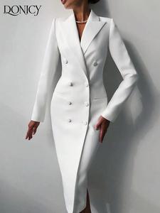 Women's Elegant Double-Breasted Blazer, Pure Color Long Coat for Spring & Autumn, Fashionable Casual Outerwear with Buttons