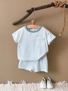 Baby's Striped Print Short Sleeve Tee & Shorts Photography Set, Casual Round Neck T-shirt & Shorts, Newborn Infant Kids Summer Clothes, Baby Clothing, Newborn Gift Set, Outfit