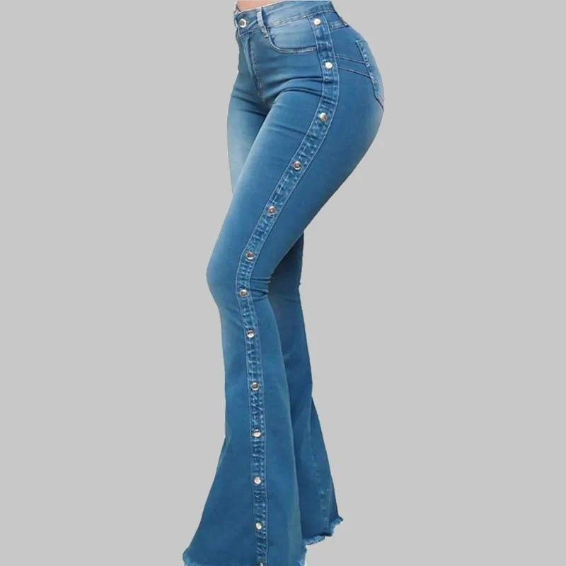 Jeans High Waist Strecth Denim Flare Pants Women Vintage Trousers Buttons Denims Streetwear  Autumn Female Floor Length 1