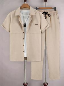 Men's Solid Button Front Shirt & Drawstring Waist Pants Set without Inner Top, Regular Fit Casual Plain Shortsleeve Collared Top & Pocket Trousers, Men's Summer Clothes, Menswear, Summer Clothing Set