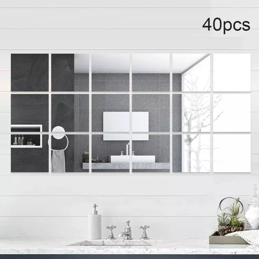 40X Acrylic Mirror Tiles Wall Sticker Self Adhesive Square Stick Art Home Decor