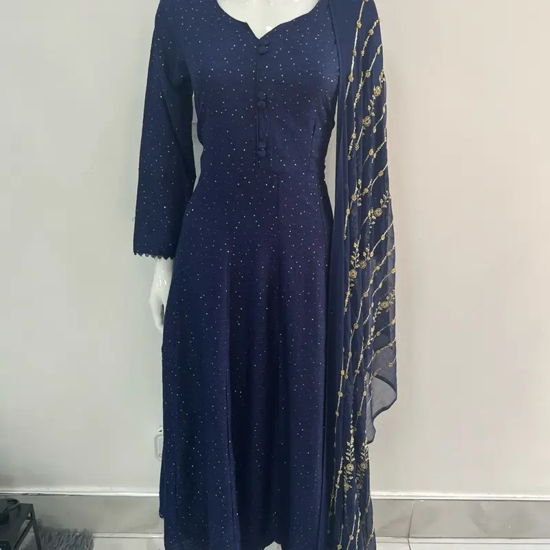 Noor long maxi dress on linen material with a heavy embroidered chiffon duppata Navy Blue colour