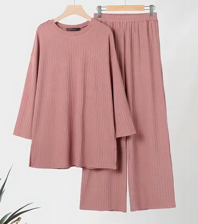 Product Introduction of 2023 Autumn and Winter New Women's Long Sleeve Top Wide Leg Pants Suit Solid Color Casual Sportswear 2 Piece Set 3