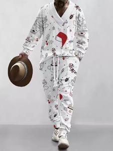 Men's Solid Jacquard Drop Shoulder V Neck Top & Drawstring Waist Pants Set, Regular Fit Casual Fashion Long Sleeve Pullover & Pocket Trousers for Daily Wear, Men's Outfits for Fall & Winter