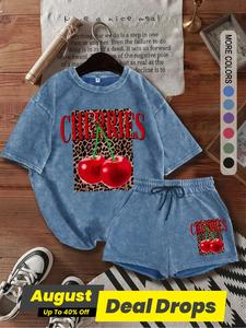 Two-piece Set Women's Cherry Print Tee & Leopard Print Shorts, Casual Short Sleeve T-shirt & Shorts, Ladies Summer Clothes for Daily Wear, Suits, Cute Set Outfits, Womenswear, Matching Clothing Set, Summer Beach Set, Casual Lounge Set