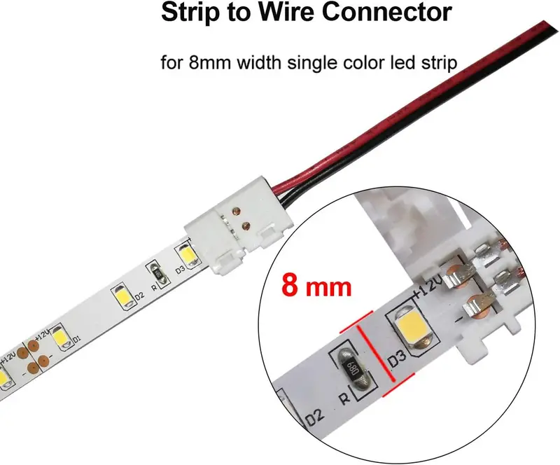 10-Pack 2 Pin 8mm LED Strip Connector - Quick Solderless Connection for 12v 24v Single Color LED Strip Lights 4