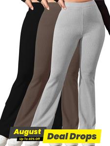 Women's Plain High Waist Ribbed Flare Leg Pants, Fitness Yoga Pants, Rib Flares Pants, Slim Fit Casual Minimalist Comfy Fashion Elastic Waist Bell Bottom Trousers for Summer, Comfortable Fabric Fashion Trousers, Womenswear, Casual Chic Trousers
