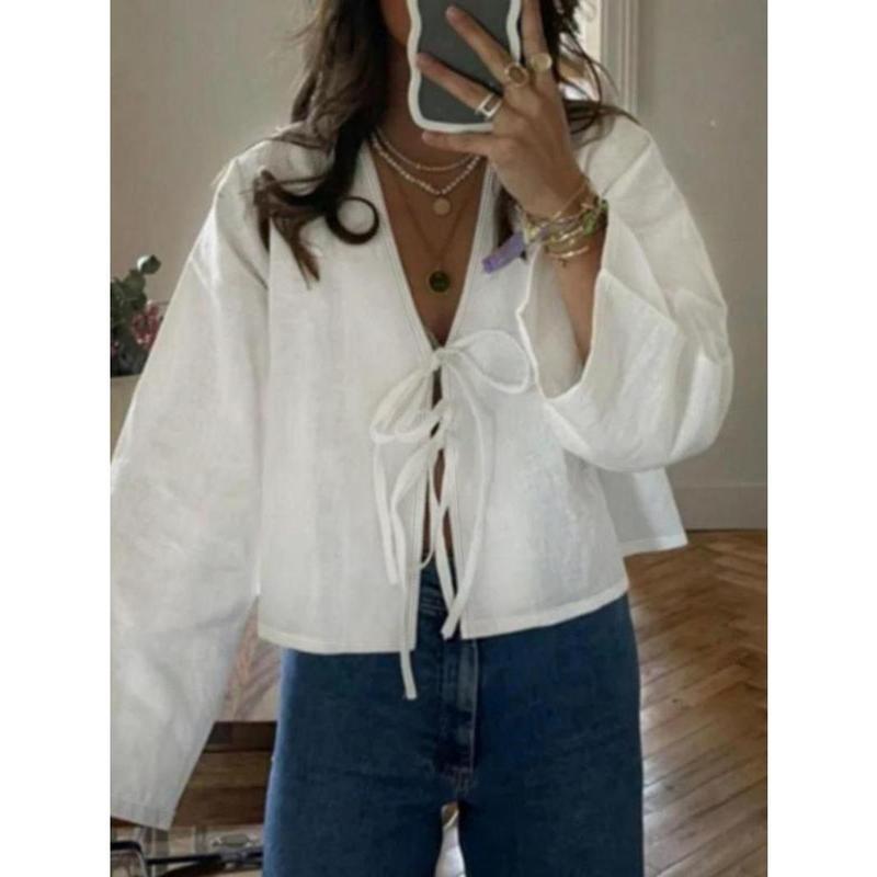 Women's Plain Tie Front V Neck Blouse, Casual Long Sleeve Top for Spring & Fall, Women's Clothing for Daily Wear, Workwear, January Workwear 0
