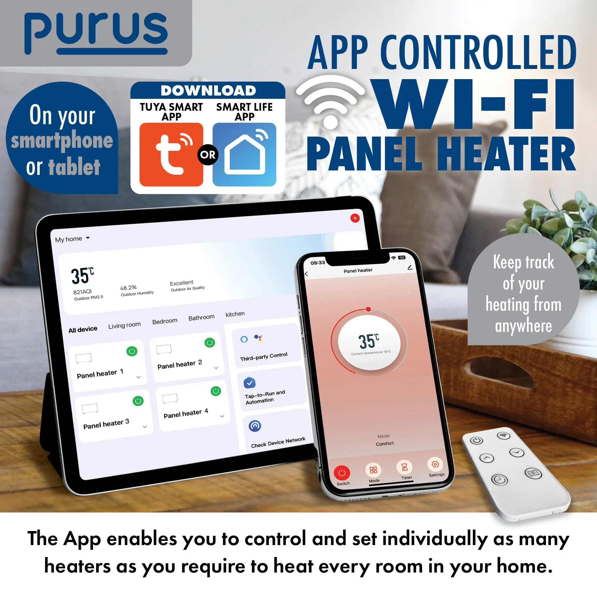 Purus Eco 2000W WIFI Electric Radiator Panel Room Heater Wall Mounted