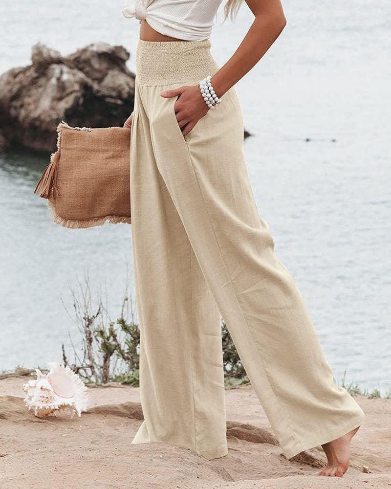 Product Introduction of Women's Plain Pocket Shirred Wide Leg Pants, Casual Elastic Waist Trousers for Beach Vacation Holiday, Ladies Bottoms for All Seasons 5