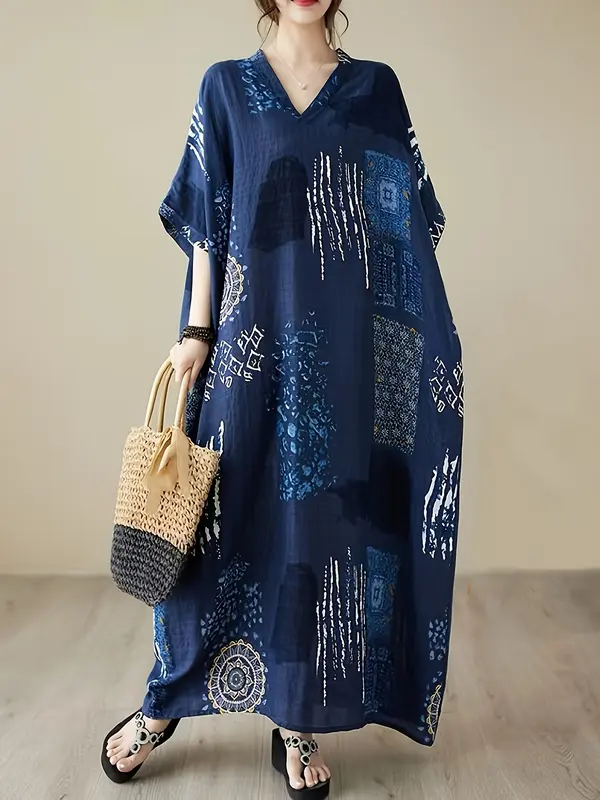 Elegant Plus Size V-Neck Kaftan Dress Gown - 100% Viscose Non-Stretch Fabric, Short Sleeve, Casual Pockets, All-Season, Woven Dressing Gown for Women 2