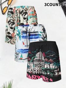 Men's Regular Fit Printed Beach Shorts, Casual Comfy Breathable Shorts for Summer, Men's Bottoms for Vacation Holiday Beach