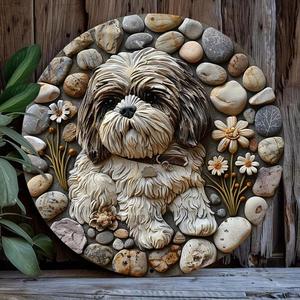 Shih Tzu Dog Design Metal Wreath Sign, Durable Aluminum Sign, Garden Decoration for Home Living Room Garden Patio Yard