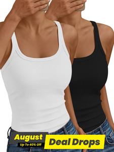 Women's Solid Ribbed Tank Top, Casual Sleeveless Top for Summer, Ladies Clothes for Daily Wear, Summer Tops