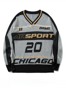 Unisex Men's Colorblock Letter & Number Print V Neck Sweater, Loose Casual Breathable Long Sleeve Jumper for Spring & Fall, Fashion Men's Knitwear for Daily Wear, Menswear, Knit Pullover Top