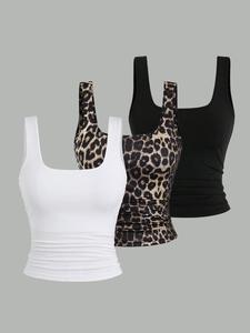 【Plus Size】 Plain & Leopard Print Scoop Neck Tank Top, Casual Sleeveless Top for Summer, Women's Clothing for Daily Wear