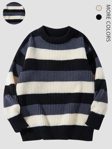 Men's Colorblock Striped Print Round Neck Pullover Sweater, Casual Long Sleeve Crew Neck Jumper for Fall & Winter, Fashion Cozy Chic Men's Knitwear for Daily Wear