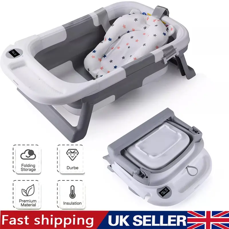 Foldable Baby Bath Tub Ergonomic with Temperature & Cushion Bath Pad + Bath Net 1