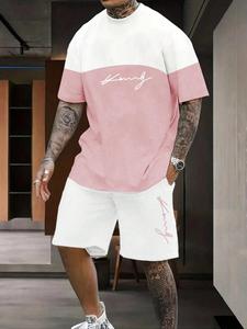 Men's Colorblock Letter Print Drop Shoulder Tee & Elastic Waist Shorts Set, Casual Soft Comfort Loose Half Sleeve T-shirt & Shorts For Daily Outdoor Wear, Summer Outfits Clothes Set For Men, Clothing